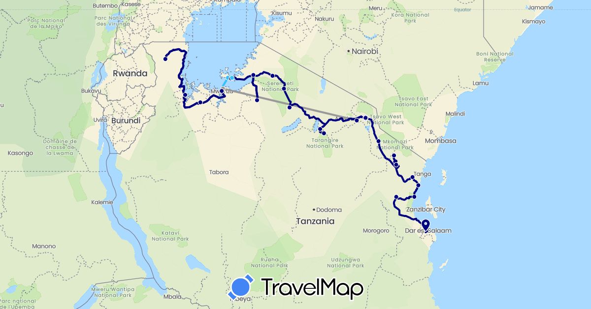 TravelMap itinerary: driving, plane, boat in Tanzania (Africa)