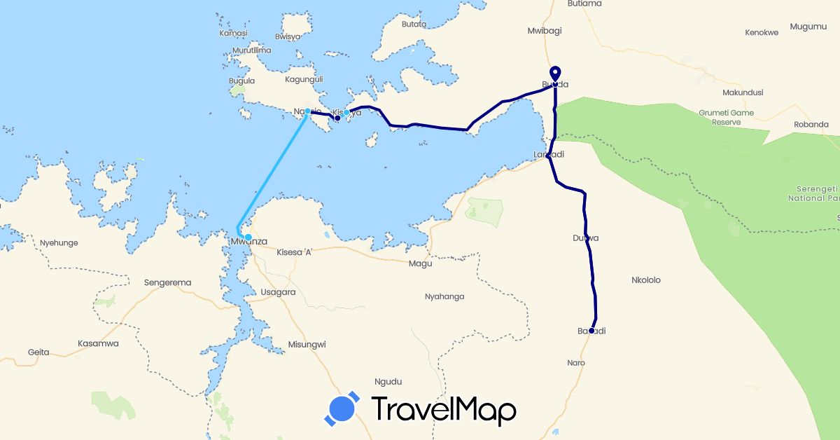 TravelMap itinerary: driving, boat in Tanzania (Africa)